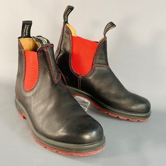 BLUNDSTONE Size 9.5 Black Red Contrast Stitch Leather Pull On Boots - Picture 1 of 10